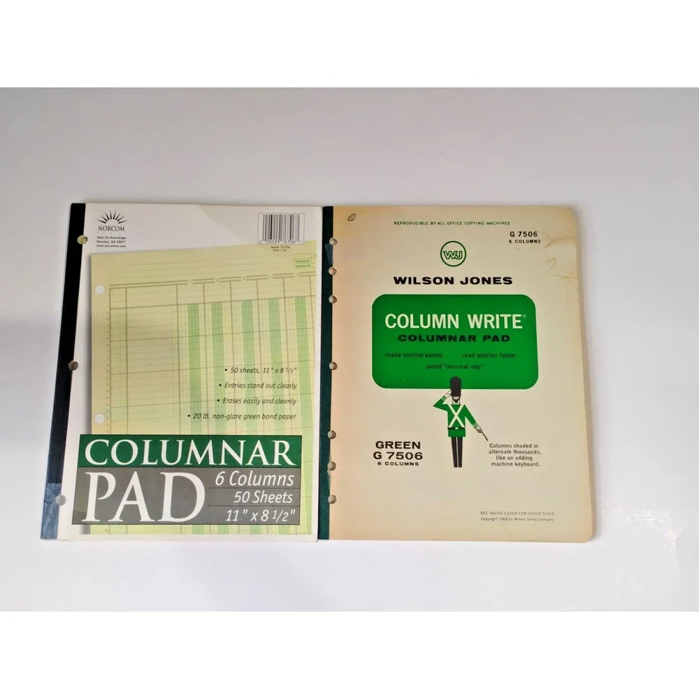Set of 2 vintage accounting ledgers, both 6-column, 50 pages, green  New